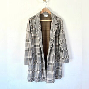 MELLODAY Brown‎ & Tan Plaid Collared Open Front Long Blazer Jacket Size 1X